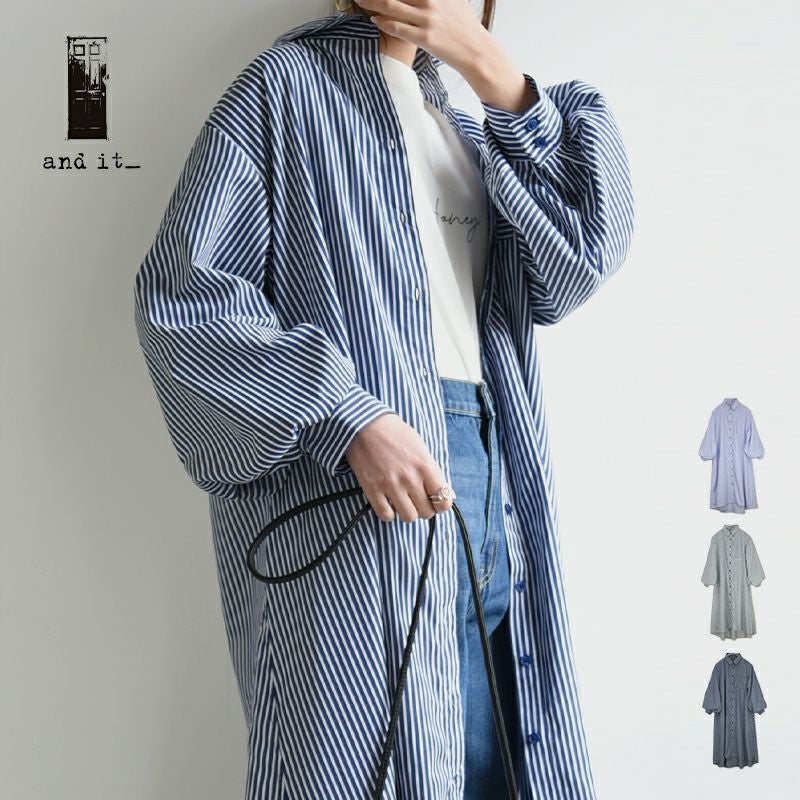and it_（アンドイット）ストライプブロードボリュームスリーブシャツ