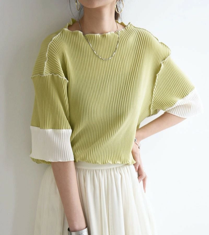 可愛すぎる袖配色半袖プリーツトップス S-M M-L 【メール便対応可