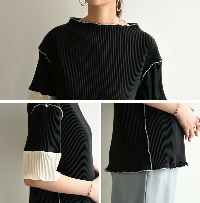 可愛すぎる袖配色半袖プリーツトップス S-M M-L 【メール便対応可